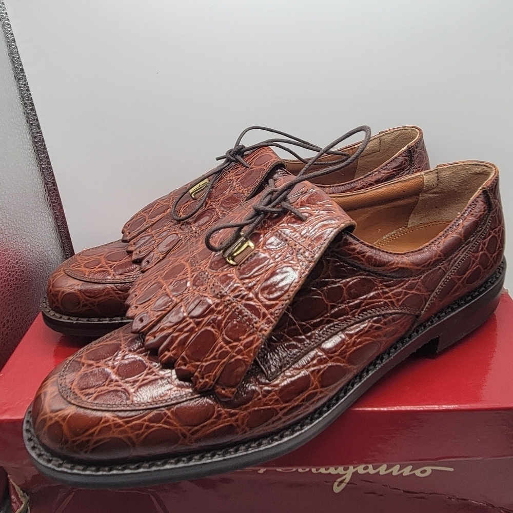 Authentic SALVATORE FERRAGAMO Brown Leather Alligator Golf Shoes Kilts 9 AA BOX - Picture 10 of 13